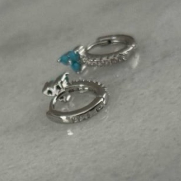 NEW STOCK Sterling Silver Crystal Turquoise Flower Huggie Hoop Mini Earrings - Picture 3 of 5